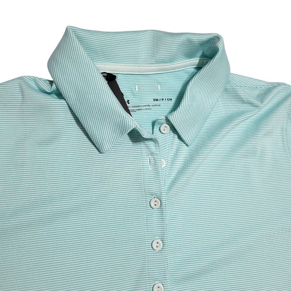 Under Armor UA Zinger Point SS Polo Womens Small Golf Shirt Mint Green Stripe - Picture 7 of 15